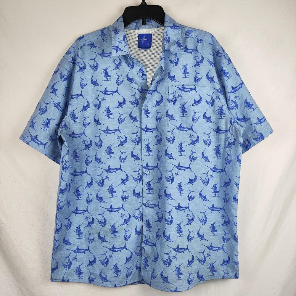 Guy Harvey Shirt Mens Large Blue Marlin Print Short Sleeve Button Up Fishing
